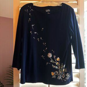 Croft & Barrow Embroidered Dandelion 3/4 Sleeve Tee Women's L